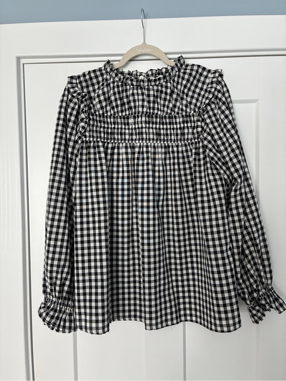 Black & White Gingham Ruffle Neck Blouse